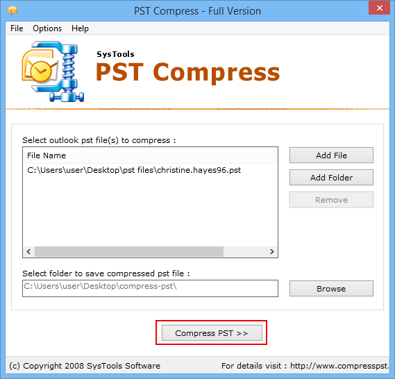 click on compress PST button